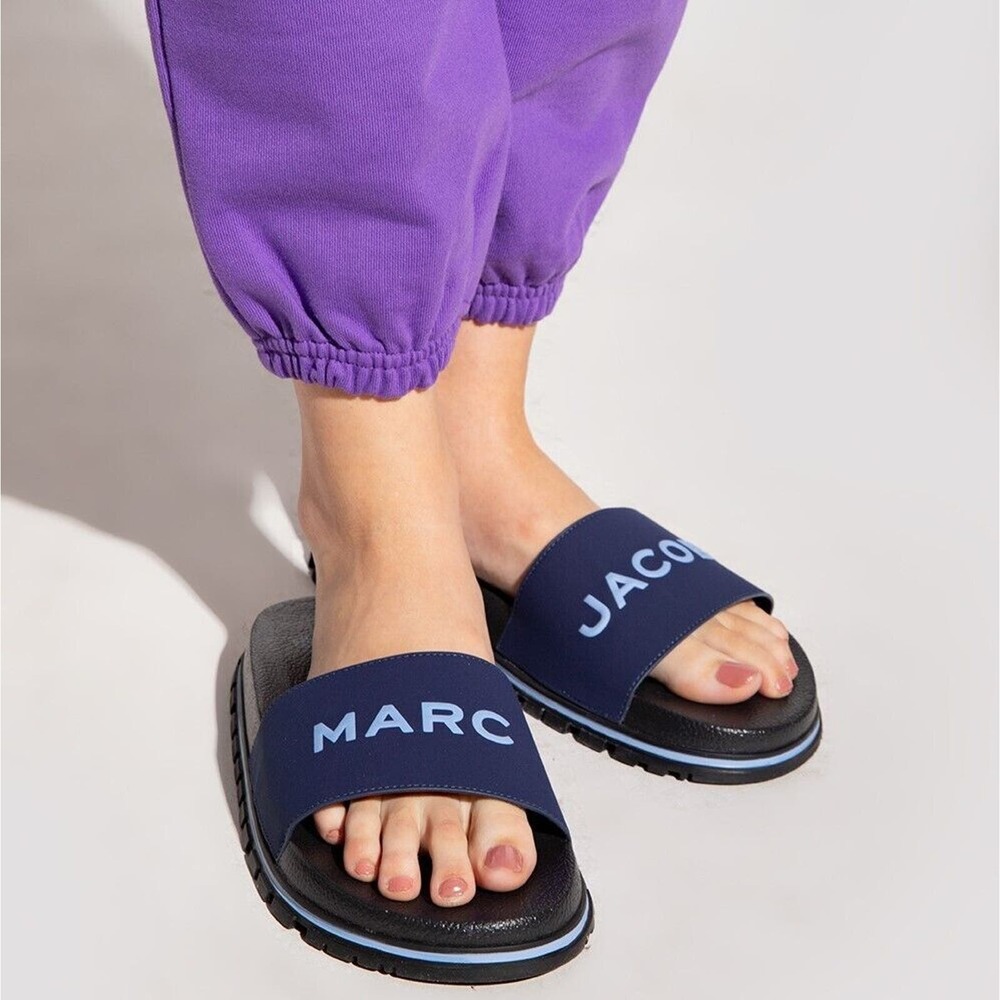 NEW Marc Jacobs Slides The Slide Sandals Logo Slip On Shoes Womens 8 / 38 Navy - Picture 8 of 9
